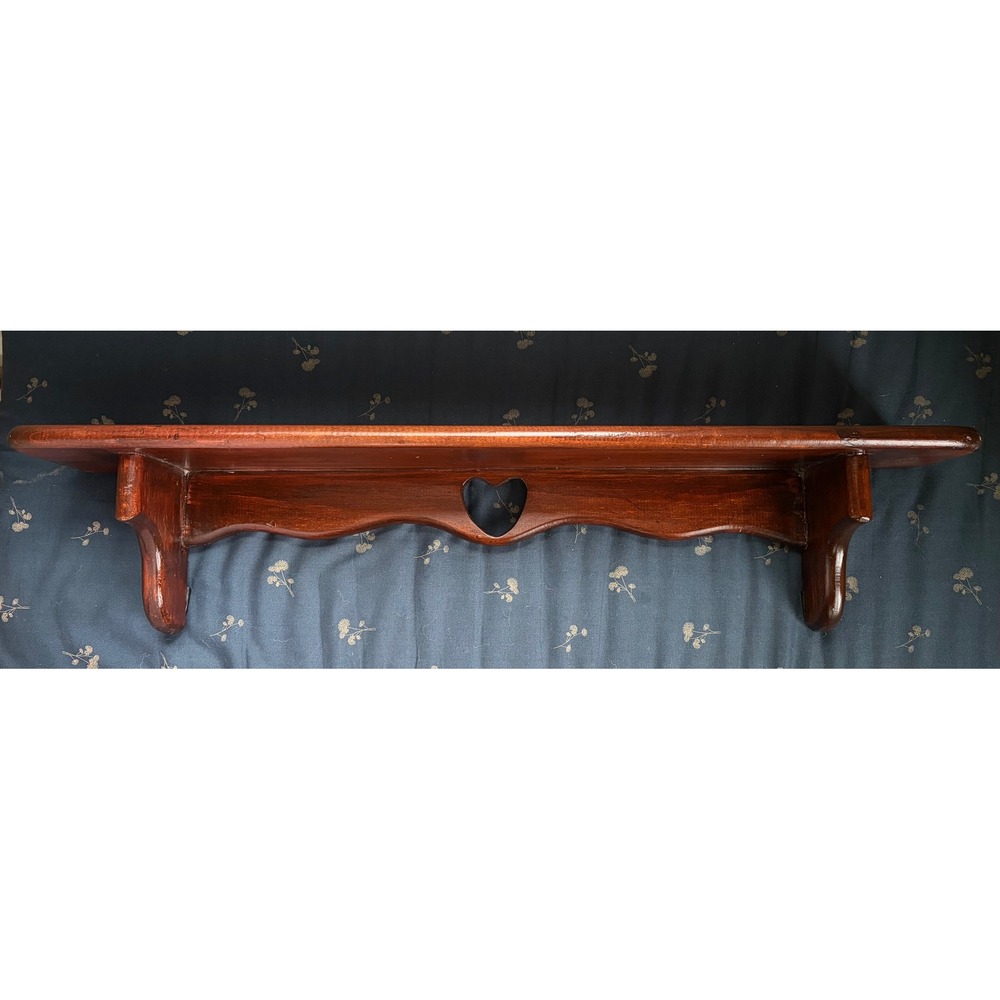 Vintage Wood Wall Shelf Heart Cutout Scalloped Edge Brown Farmhouse Plate Shelf - Picture 2 of 12